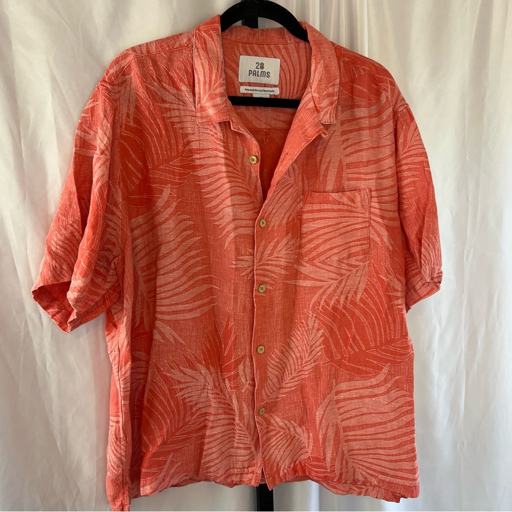 28 Palms Silk Linen Blend Coral Palm Print Shirt, size XXL